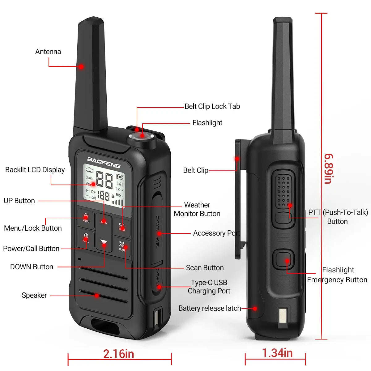 2PCS Baofeng F22 PMR FRS Mini Walkie Talkie Waterproof Type-C