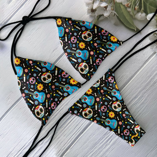 Fashion Bikini Set Women Backless Low Waist Sexy Skull Pattern Printed