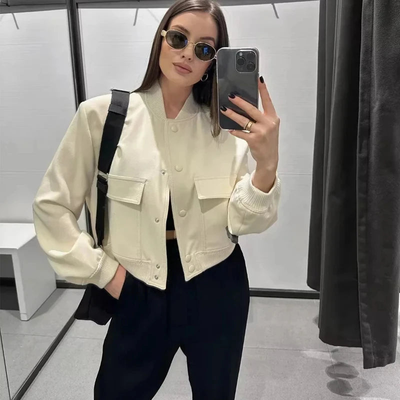 1PCS Woman Bomber Jacket Coat White Autumn Winter Button Baseball