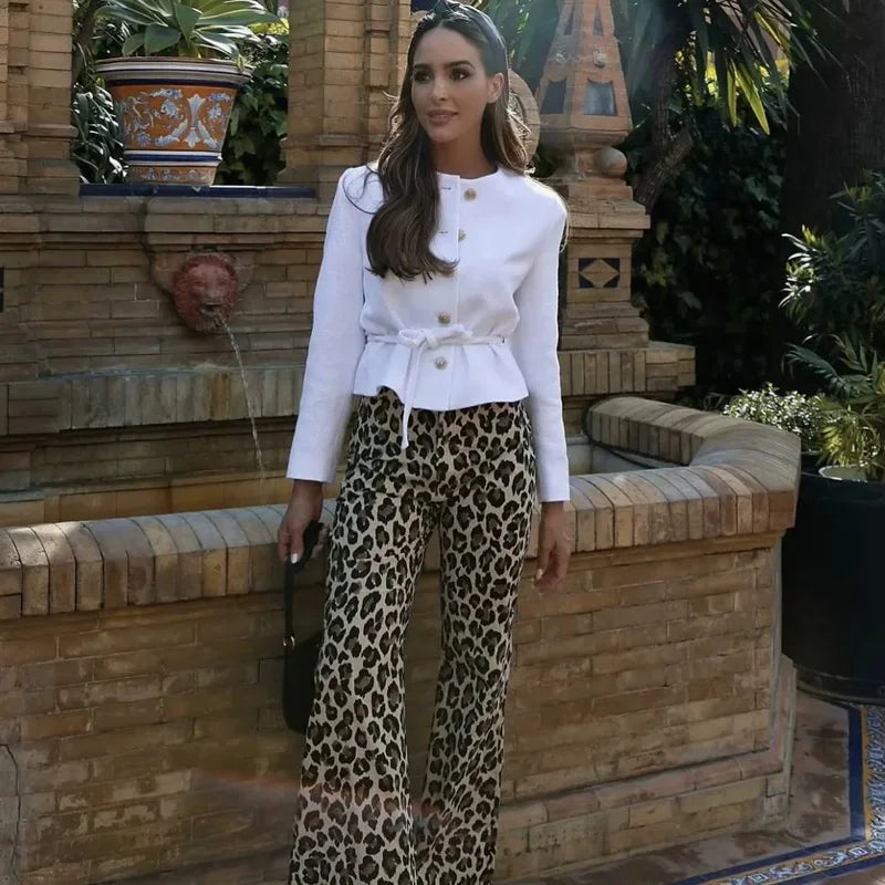 TRAF Vintage Leopard Pants Women High Waist Animal Print Baggy Pants