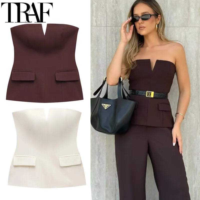 TRAF Tops For Women Strapless Off White Crop Top Woman Summer Corset