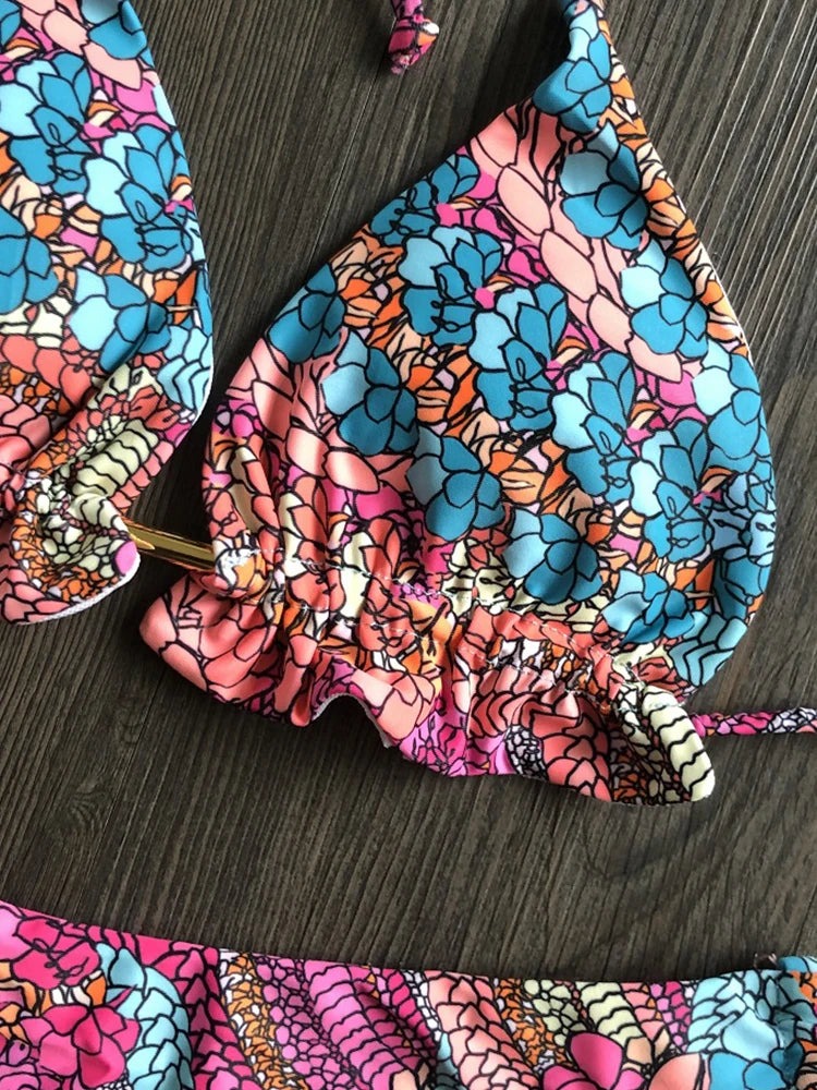 2022 Sexy Bikini Floral Print Swimwear String Bikini Set Push Up