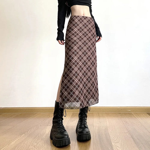 Women Spring Autumn Plaid Print Wrap Hips Skirts Fashion Ankle-Length