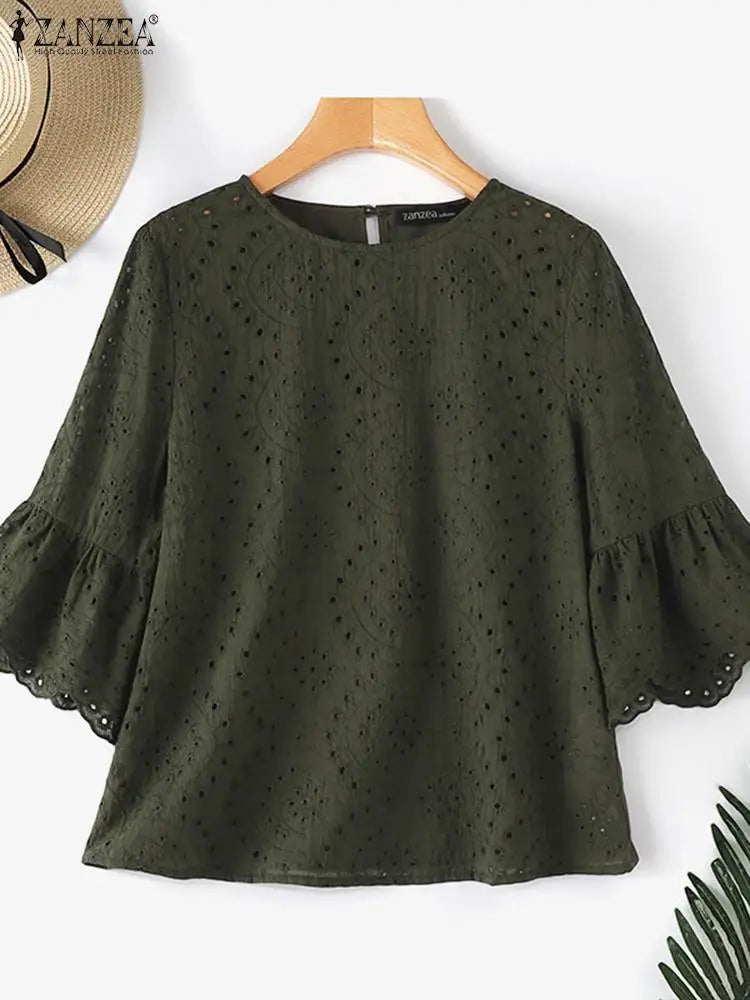 ZANZEA Fashion Summer 3/4 Sleeve Hollow Out Blouse Women Elegant Lace