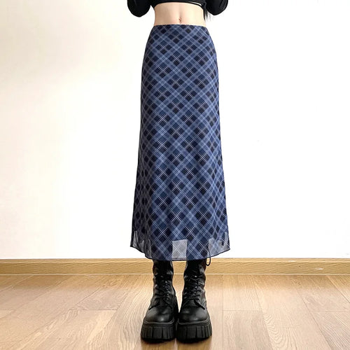 Women Spring Autumn Plaid Print Wrap Hips Skirts Fashion Ankle-Length