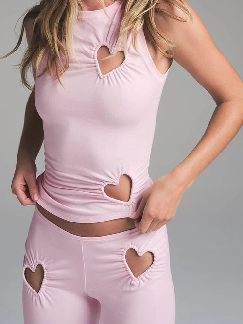 kliou Heart Hollow Women 2 Piece Set Summer New Casual Sleeveless