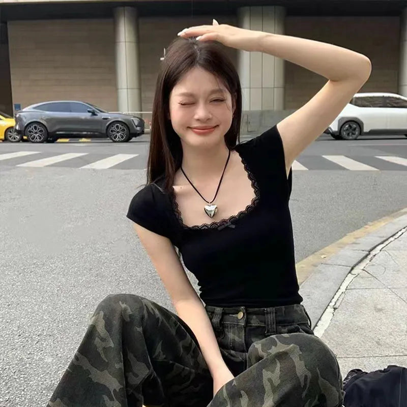 Y2k Lace Patchwork Crop T-shirt Women Vintage Streetwear Sexy Slim U
