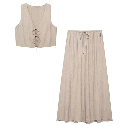 TRAFZA Women Fashion Vintage Solid Skirt Suit Bow Lace-up Tank Tops V