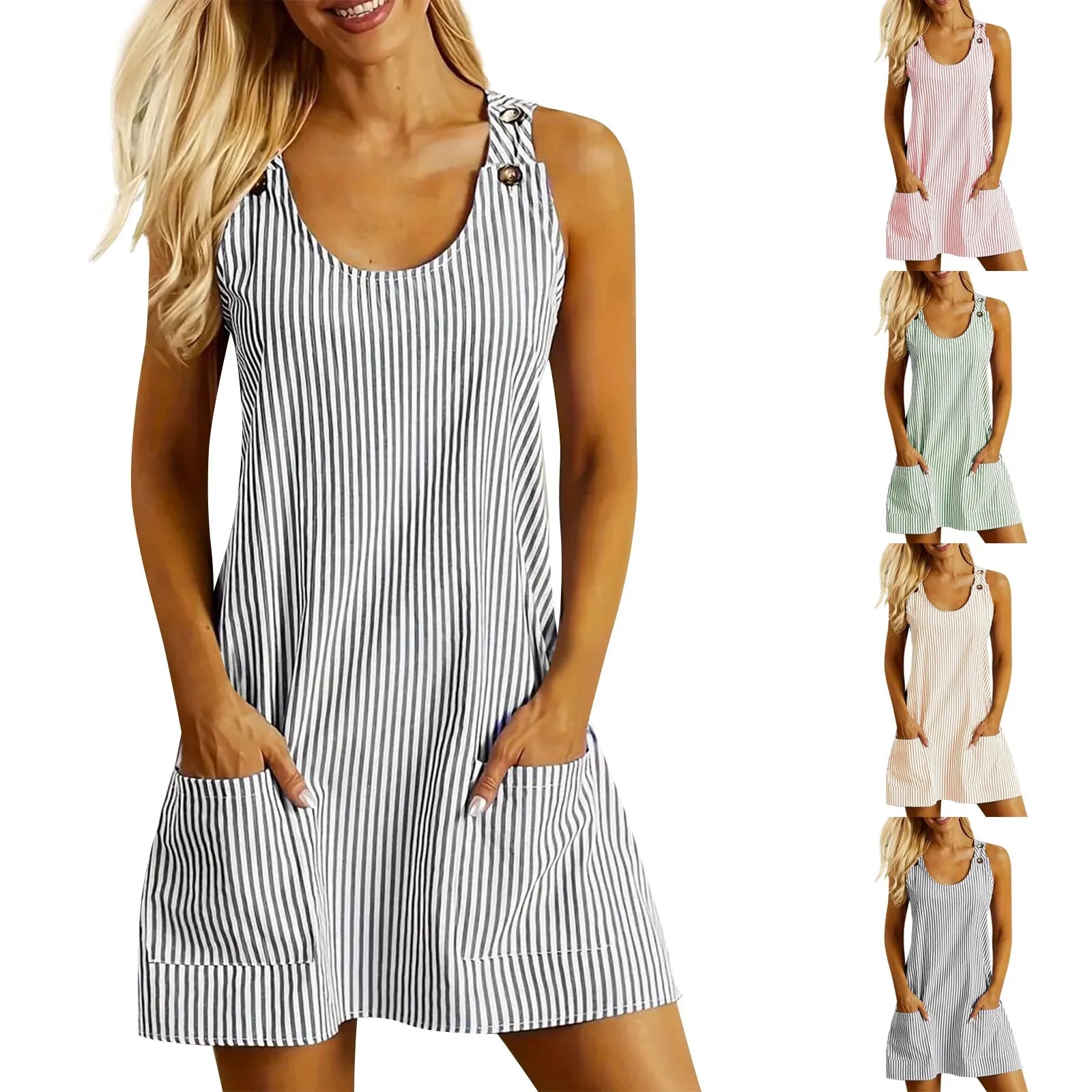 Summer Fashion Stripped Patchwork Commuting U-Neck Sleeveless Pockets