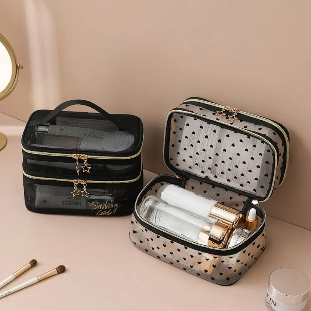 Double-layers Black Mesh Cosmetic Bag Travel Portable Large-Capacity