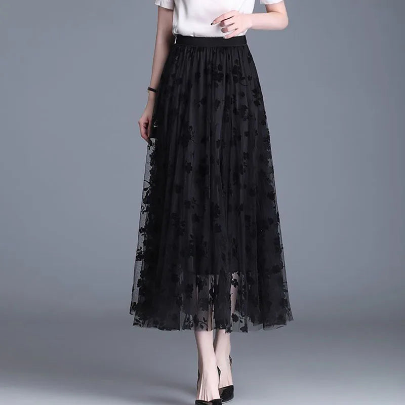 GIDYQ Korean Women Mesh Skirt Fashion Hook Flower Loose Midi Skirt