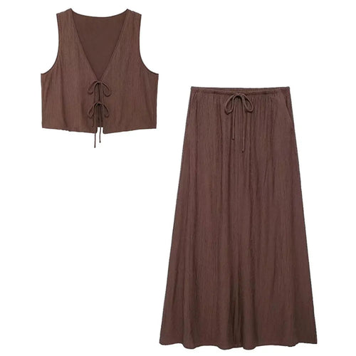 TRAFZA Women Fashion Vintage Solid Skirt Suit Bow Lace-up Tank Tops V