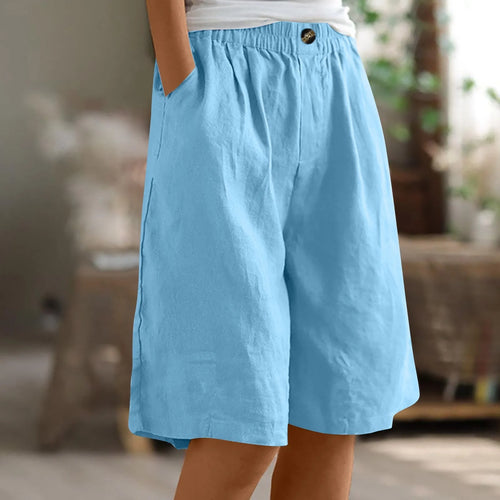 Cotton Linen Shorts Women Summer New Solid Vintage Elastic Waist Wide
