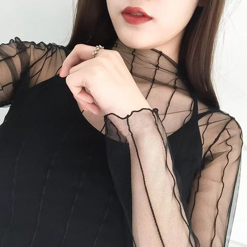 Spring Summer Women Sexy Black Mesh Tops Bottoming T Shirts