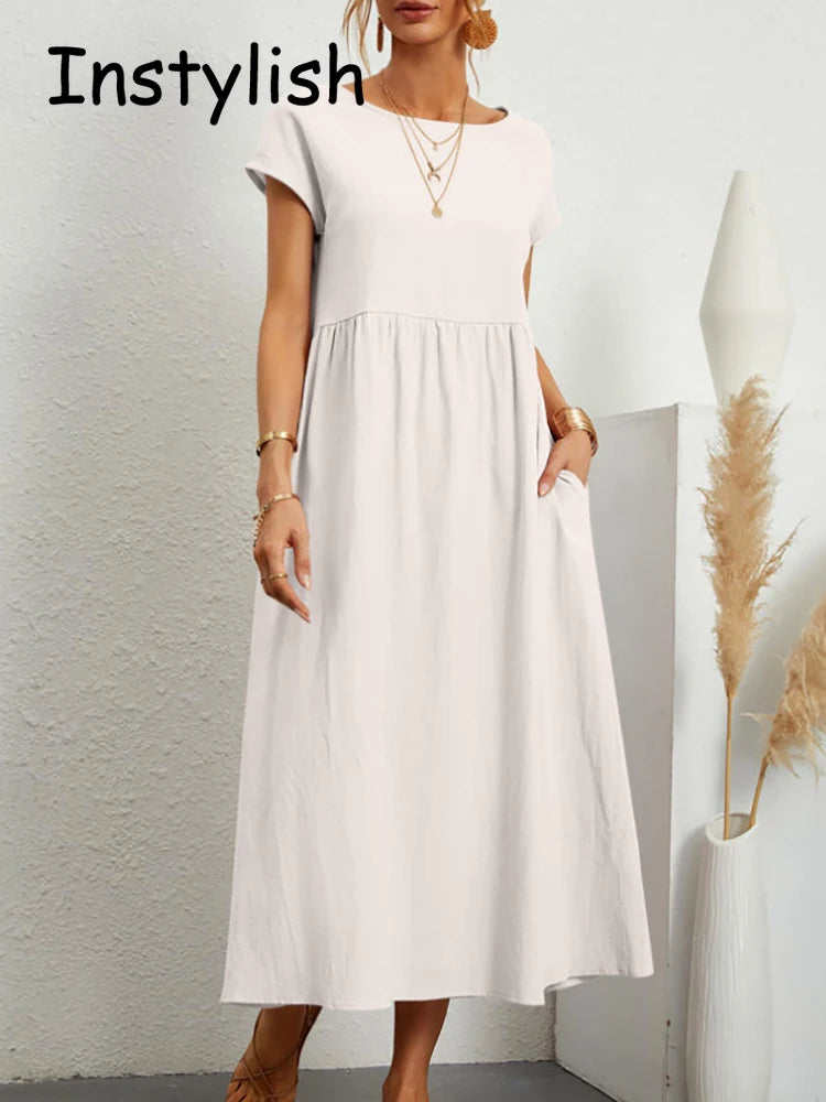 Women Elegant Solid Maxi Dress Summer Short Sleeve O Neck Vintage