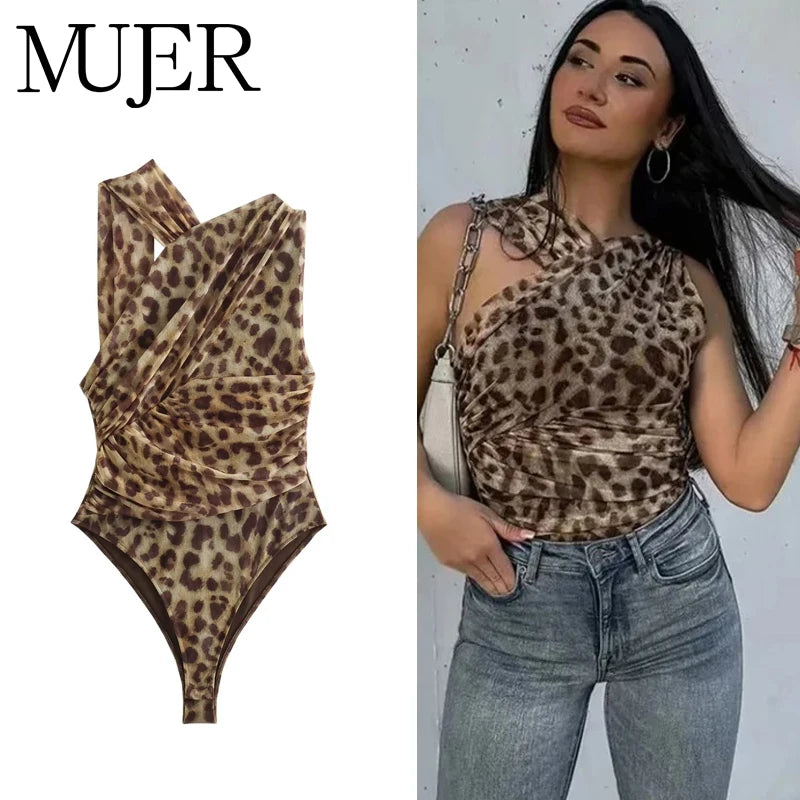 MUJER Leopard Print Bodysuit Women Tulle Black Sexy Body Suits Woman