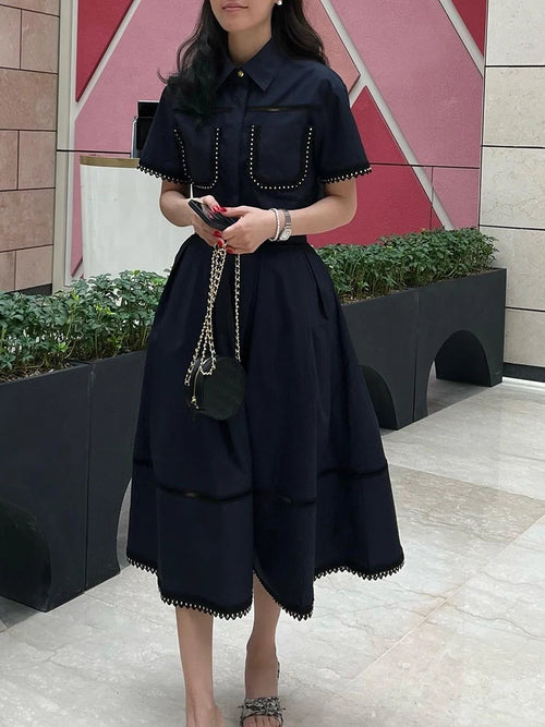 GALCAUR Elegant Two Piece Sets For Women Lapel Short Sleeve Tops High