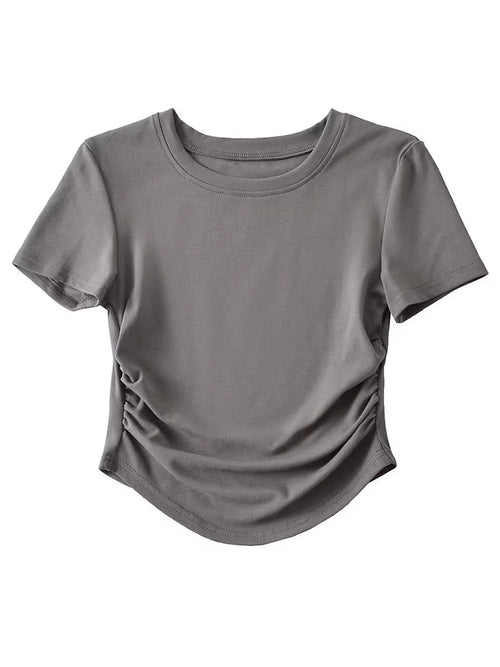 Harajuku Women Crew Neck Short Sleeve Cotton Tee With Ruched Sides