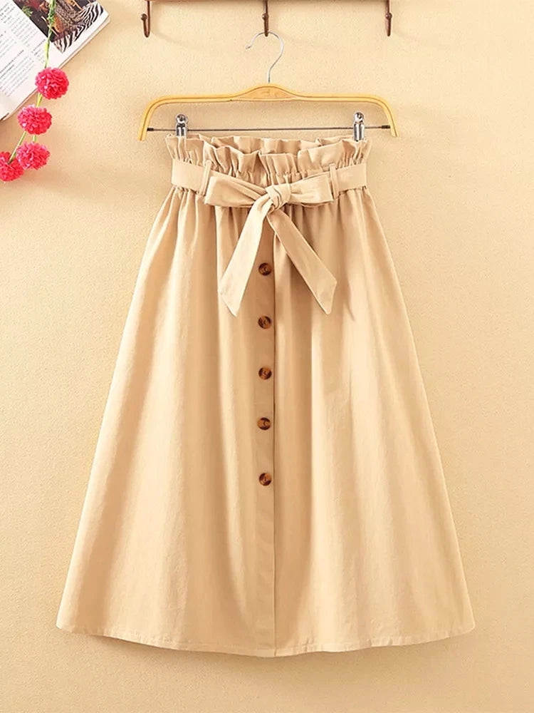 Summer Autumn Skirts Womens Midi Knee Length Korean Elegant Button