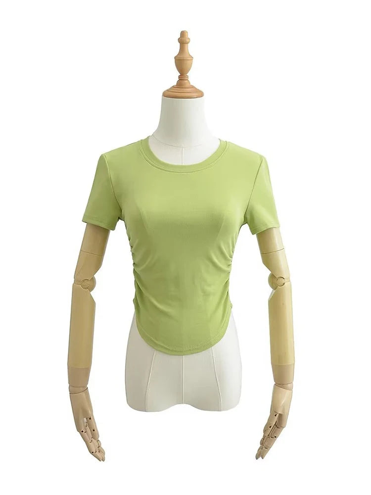 Harajuku Women Crew Neck Short Sleeve Cotton Tee With Ruched Sides