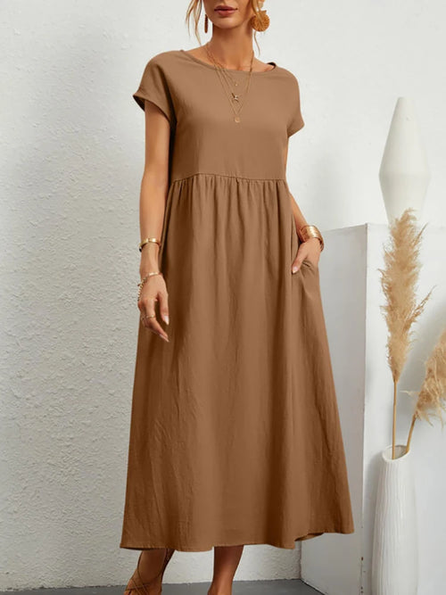 Women Elegant Solid Maxi Dress Summer Short Sleeve O Neck Vintage