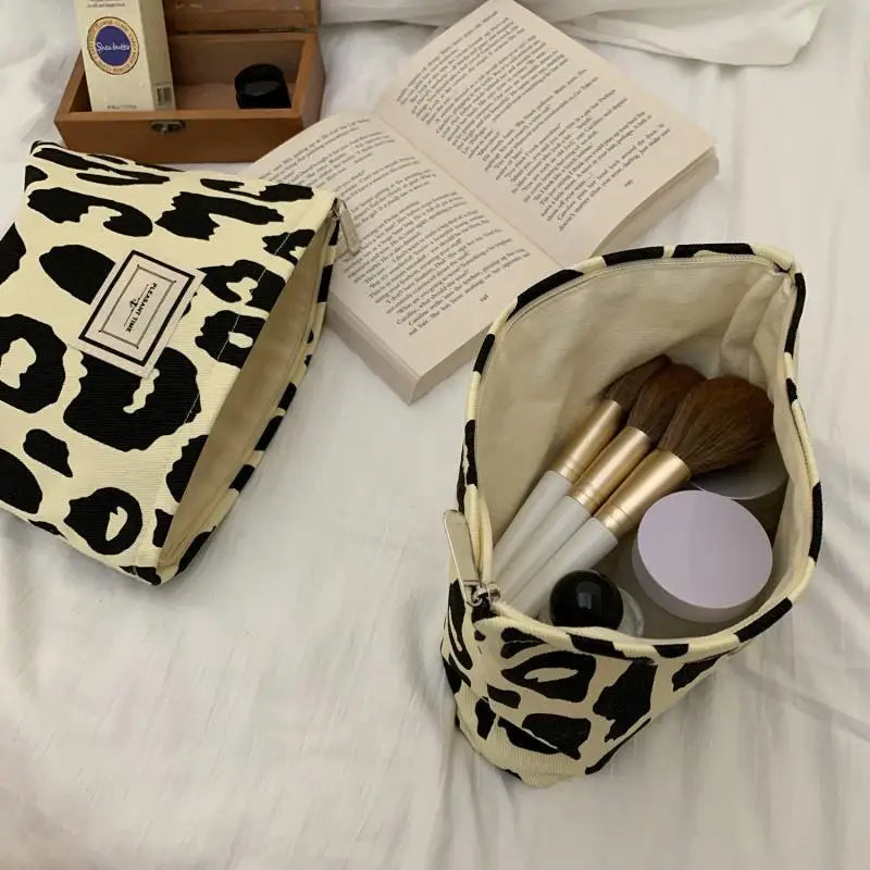 Pink Leopard Print Women Cosmetic Bag Retro Flower Ladies Small Clutch