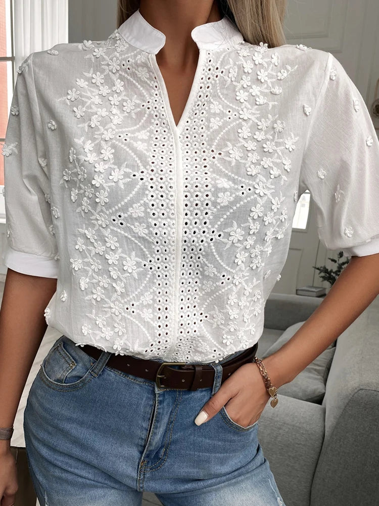 Summer Floral Embroidery Lace Blouse Fashion Women V Neck Casual Shirt
