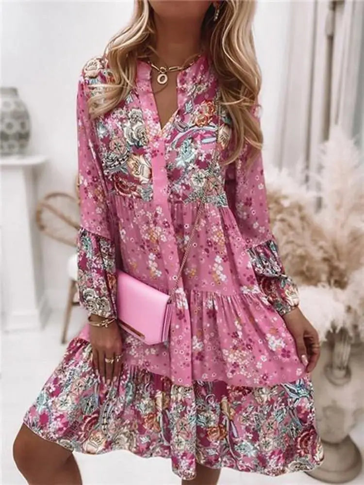 Casual Floral Print Dresses For Women 2024 Sping Summer Boho V Neck
