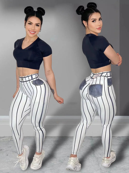 Women High Waist Sports Leggings Stripe Print Stretchable Yoga Pants