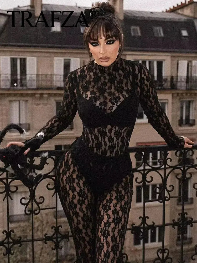 TRAFZA Womens Lace Pants Sets Slim Jumpsuits Top + High Waist Trousers