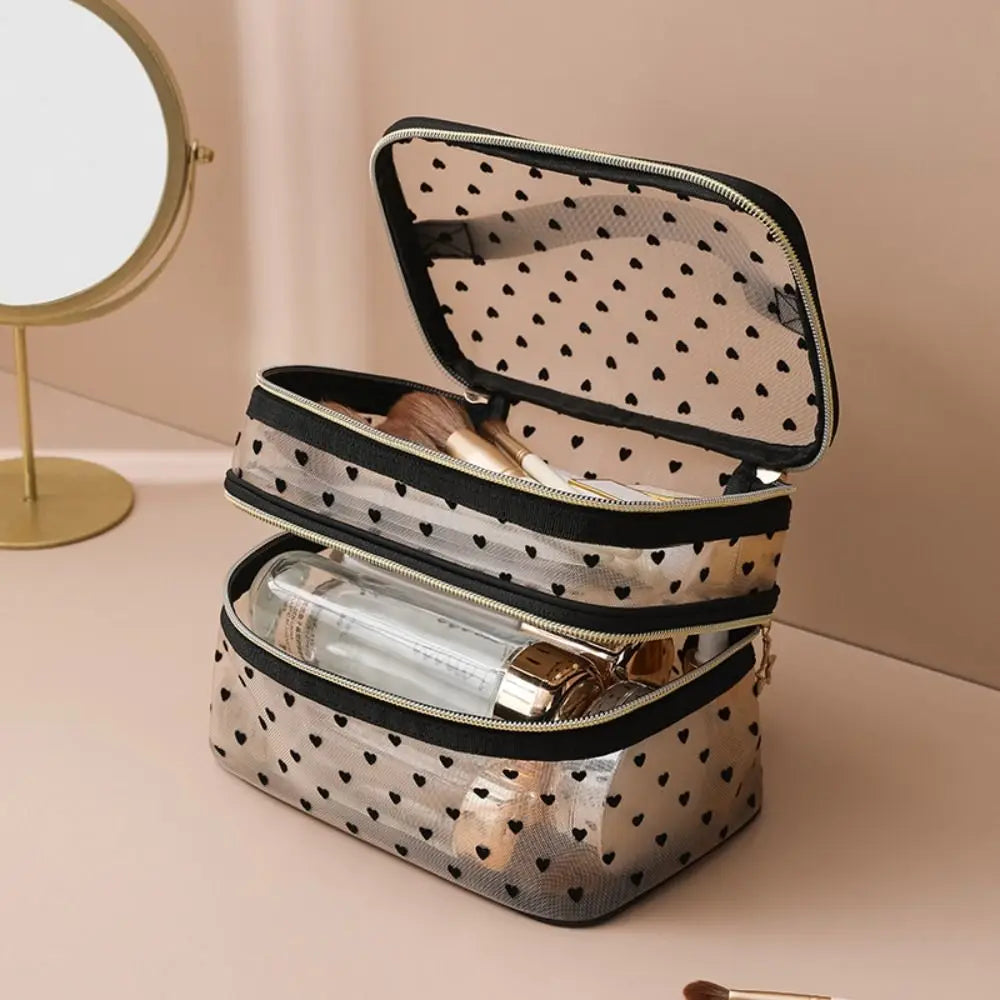 Double-layers Black Mesh Cosmetic Bag Travel Portable Large-Capacity