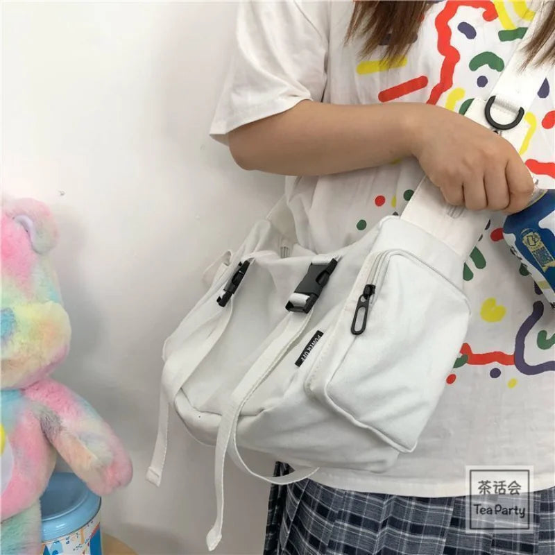 Japanese Harajuku Women Messenger Bag Solid Color Canvas Crossbody