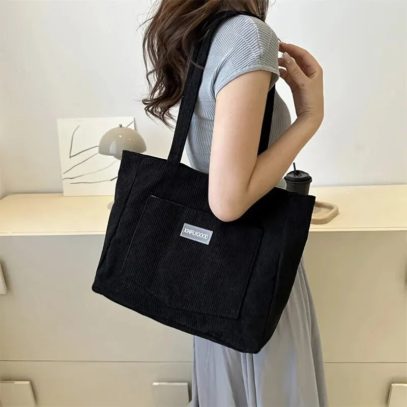 Large Capacity Shoulder Bag Trendy Corduroy Tote Bag Solid Color
