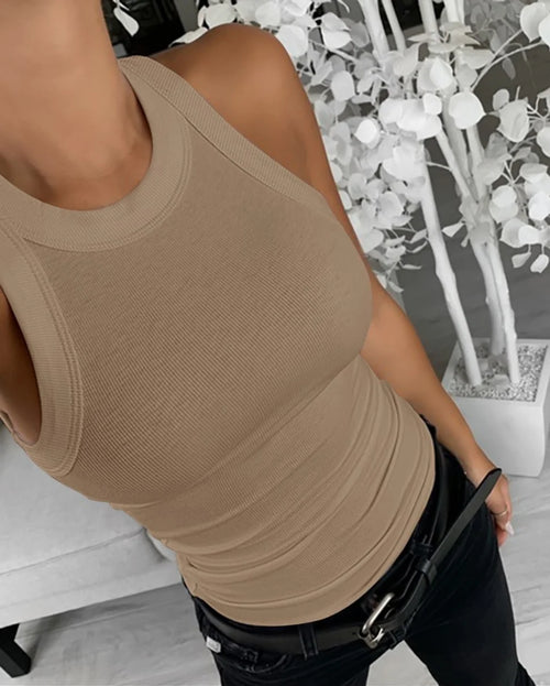 Sleeveless Ribbed Knit Tank Top Slim Fit Basic Casual Everyday Wear