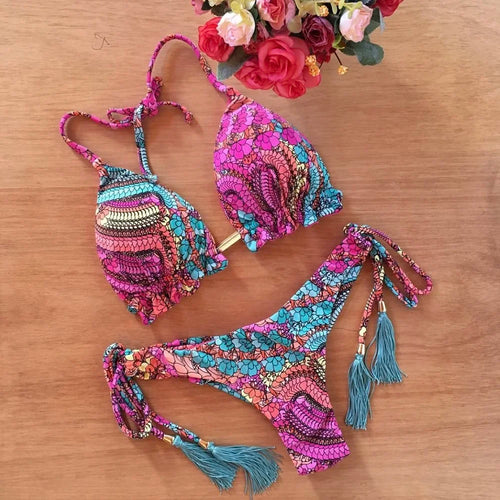2022 Sexy Bikini Floral Print Swimwear String Bikini Set Push Up