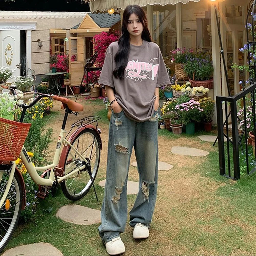 American Retro Hole-punched Jeans Women High Waist Straight-crotch