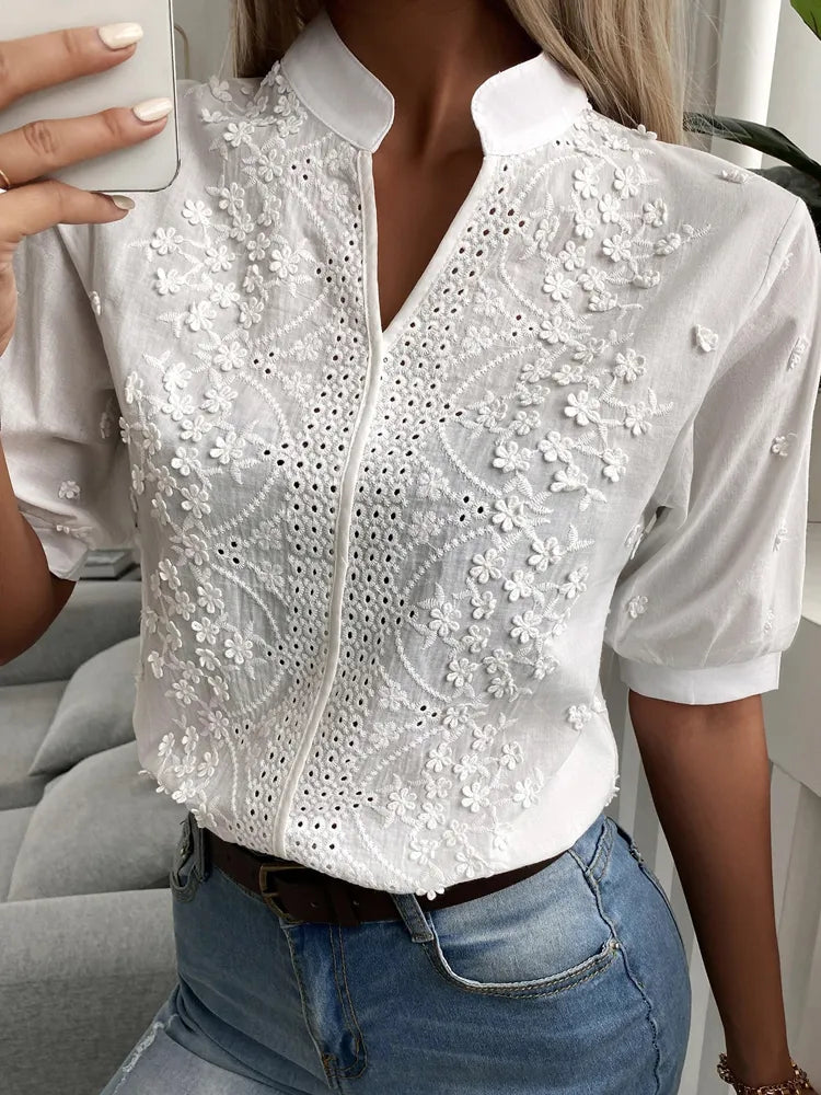 Summer Floral Embroidery Lace Blouse Fashion Women V Neck Casual Shirt