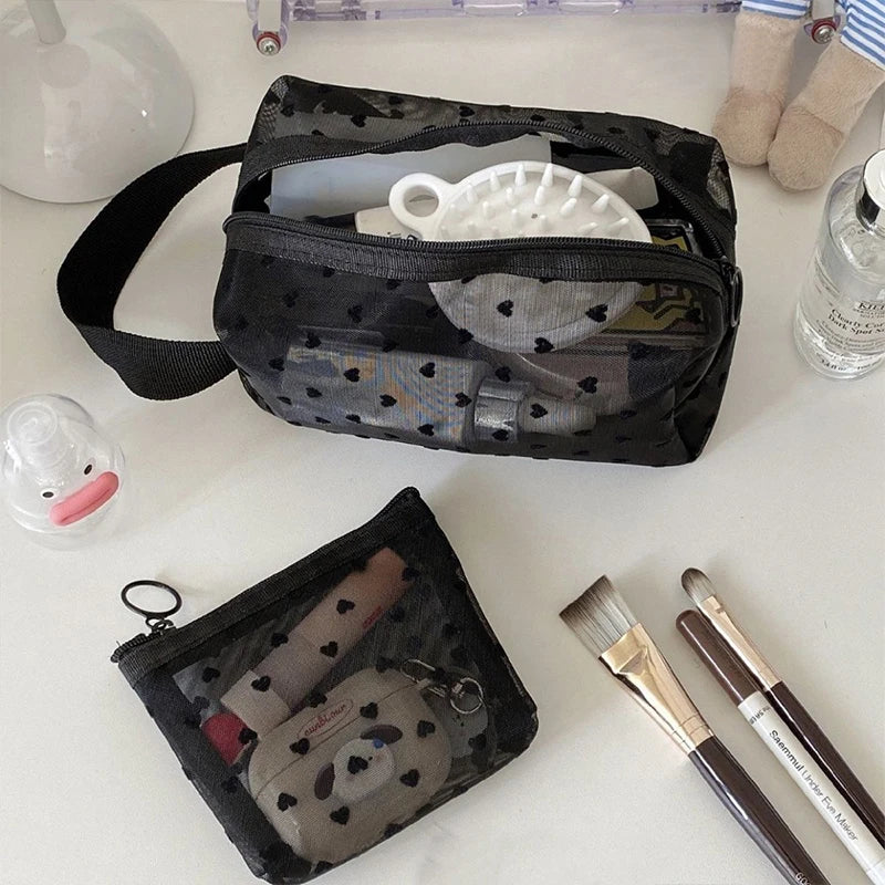 Heart Transparent Mesh Makeup Bag Multifunction Portable Women