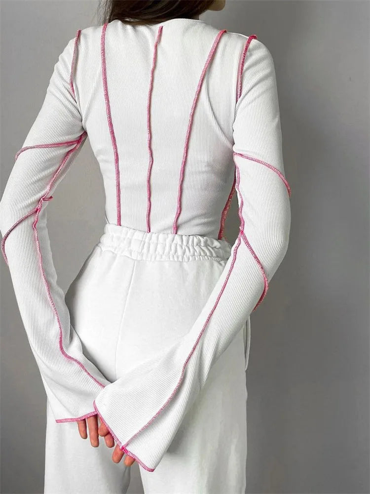 Women Patchwork T-Shirts Chic Casual Long Flare Sleeve Round Neck