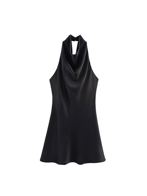 2025 Women Summer Halter Mini Dress Fashion Sexy Satin Backless Solid