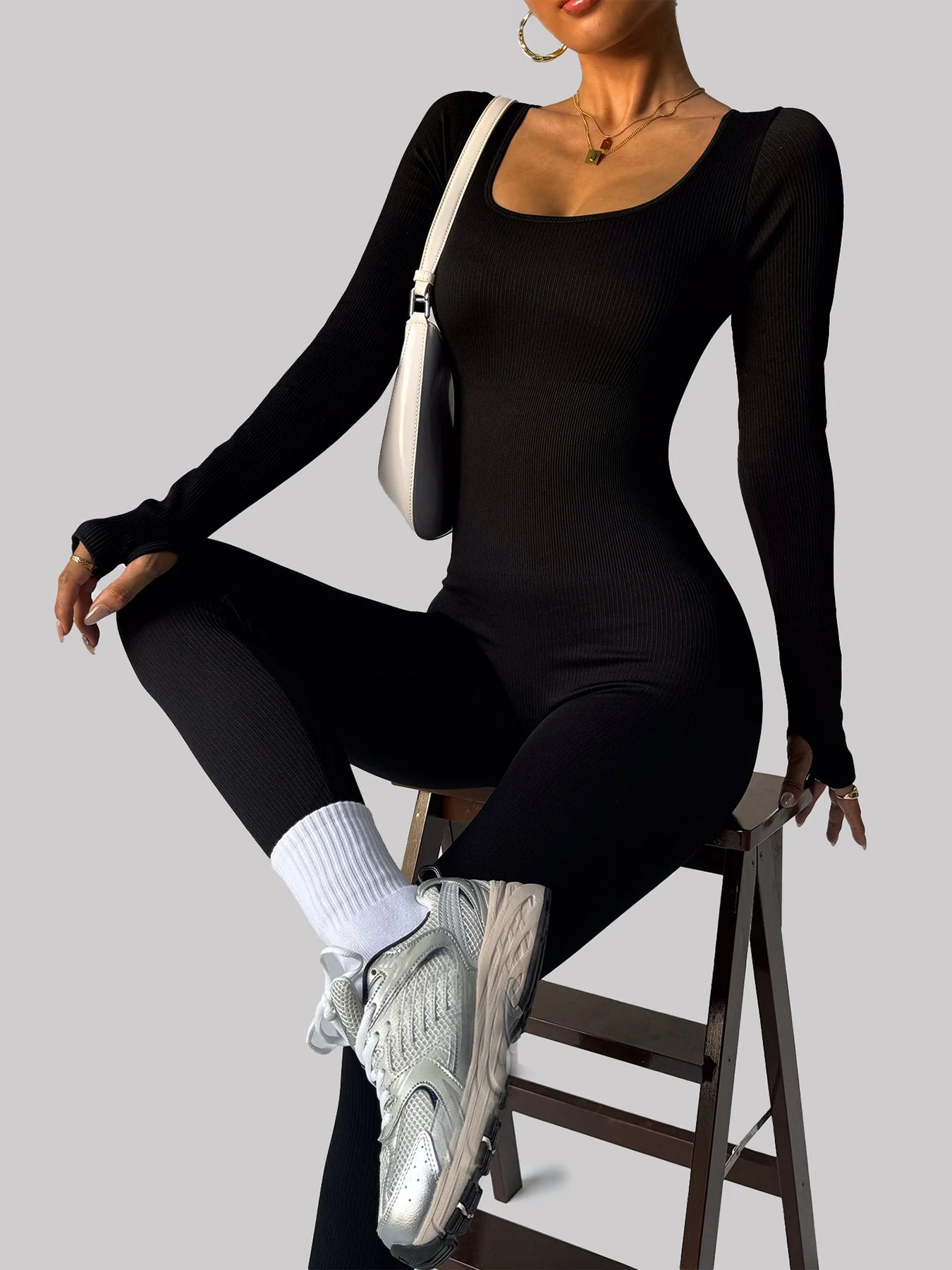 Women's one-piece yoga suit black jumpsuit long sleeved bodysuit sexy