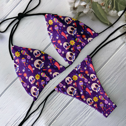 Fashion Bikini Set Women Backless Low Waist Sexy Skull Pattern Printed