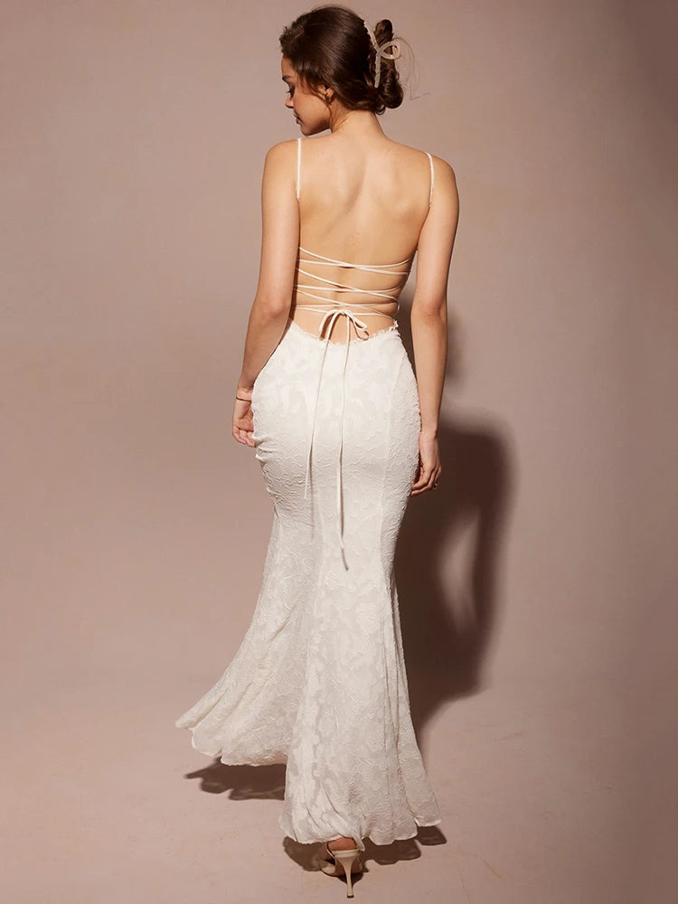 Mozision White Backless Lace-up Sexy Maxi Dress For Women Gown Summer