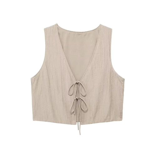 TRAFZA Women Fashion Vintage Solid Skirt Suit Bow Lace-up Tank Tops V