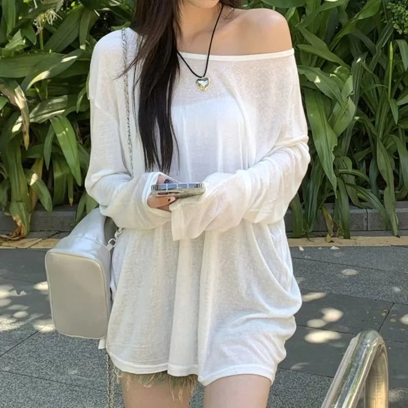 Sexy Sheer Baggy T-shirt for Women 2024 Summer Casual Fashion Loose
