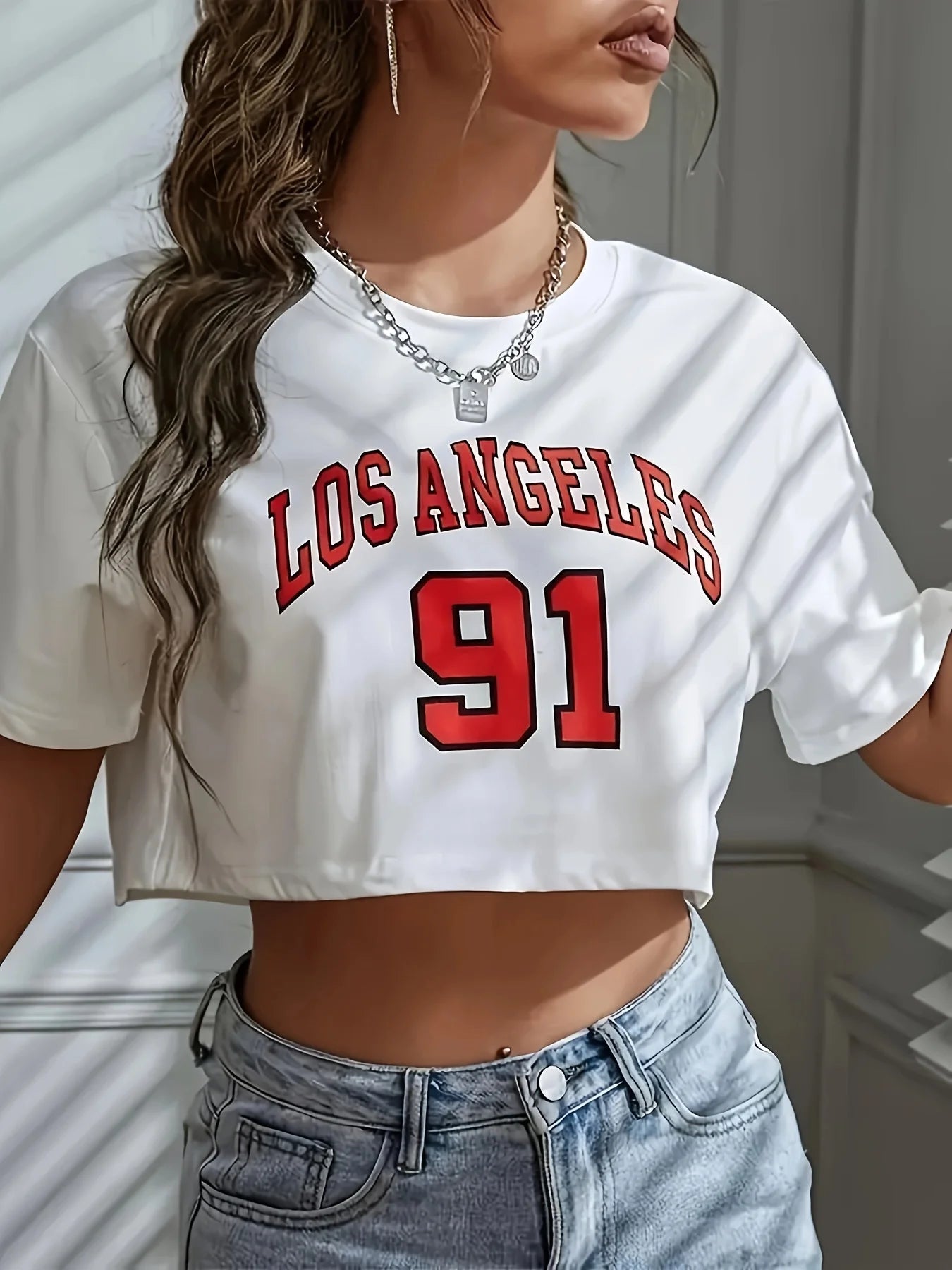 Los Angeles Number 91 Graphic Round Neck Sports Crop T-shirt Crew Neck