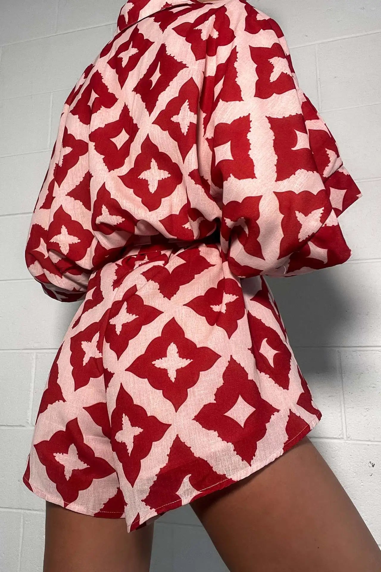 2024 New Autumn Women Loose casual Print Strap Jumpsuit Red Print Bow