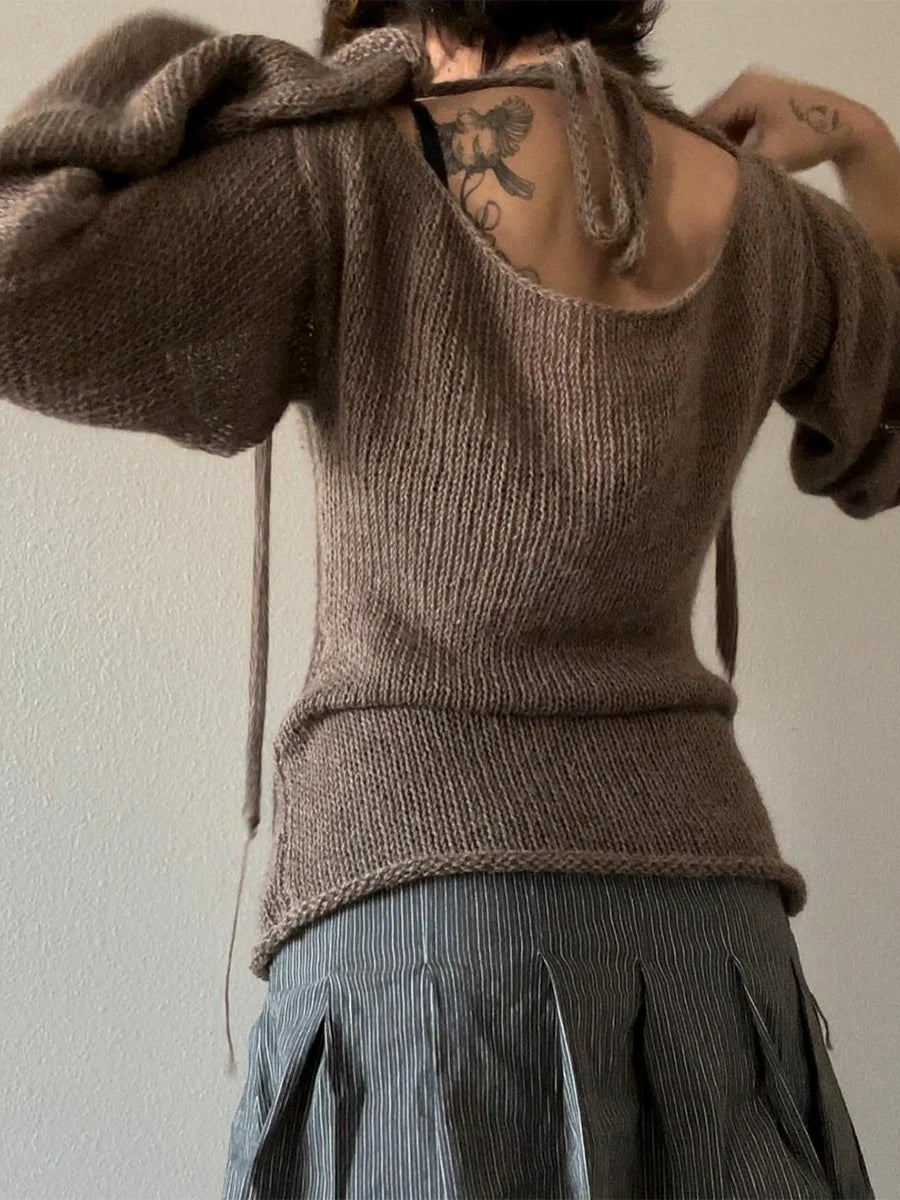 Fashion Women's T-shirt Tie Back Sweaters Long Sleeve Boat Neck Solid