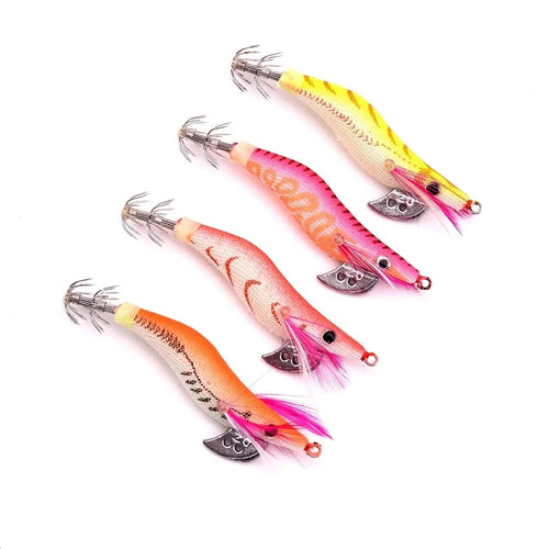 4PCS Fishing Lures Wrapped Prawn Lure Octopus Shrimp Wood Baits Squid