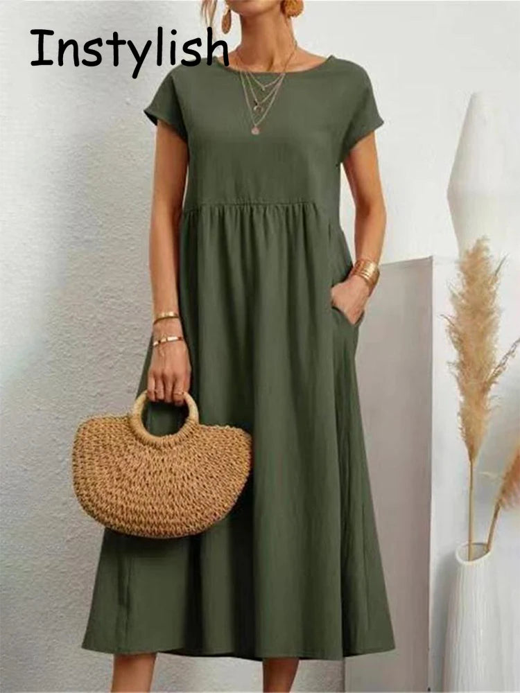 Women Elegant Solid Maxi Dress Summer Short Sleeve O Neck Vintage